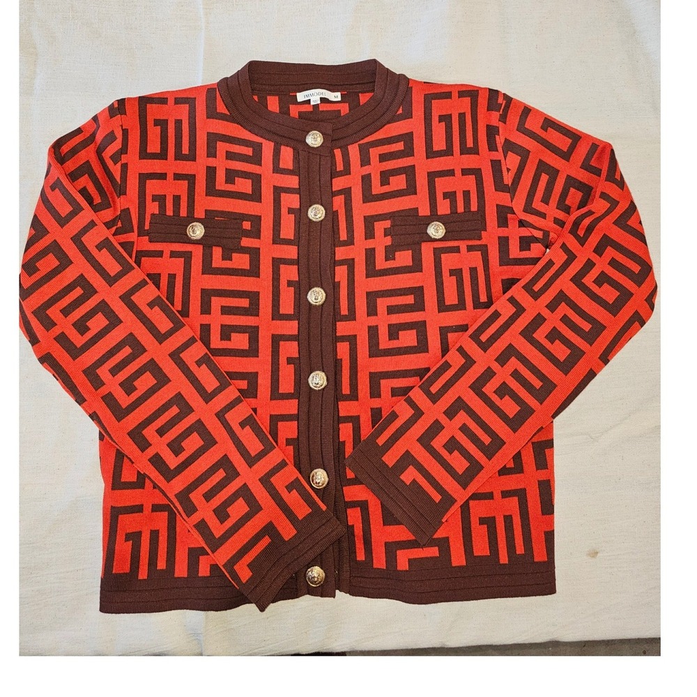 Orange Brown Designer Geometric Print Gold Button Front Cardigan Sweater Women M - Picture 4 of 8